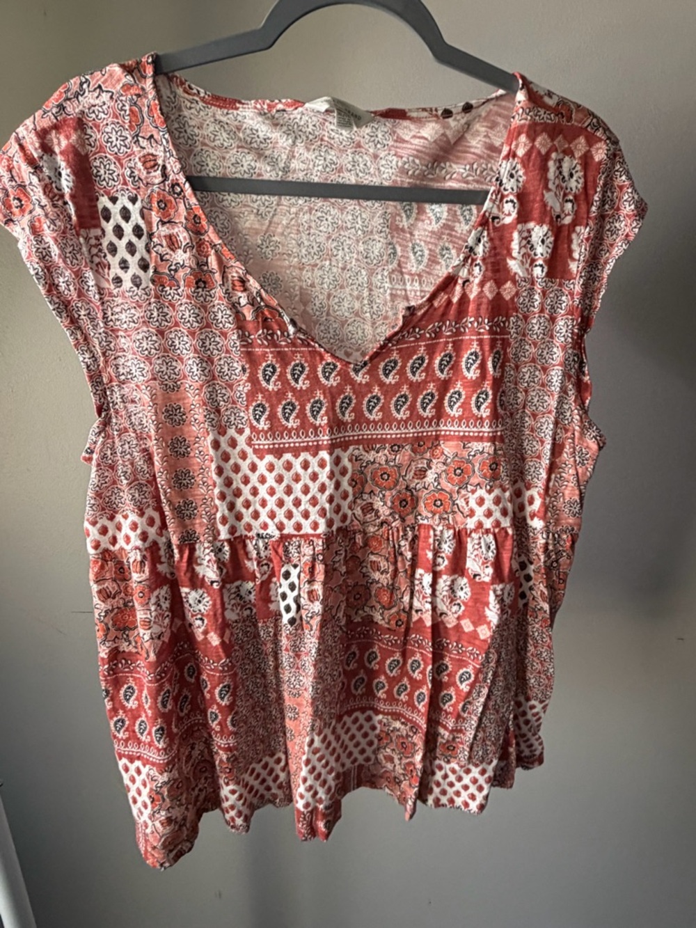 Lucky Brand Rust Patchwork Peplum V-Neck Top